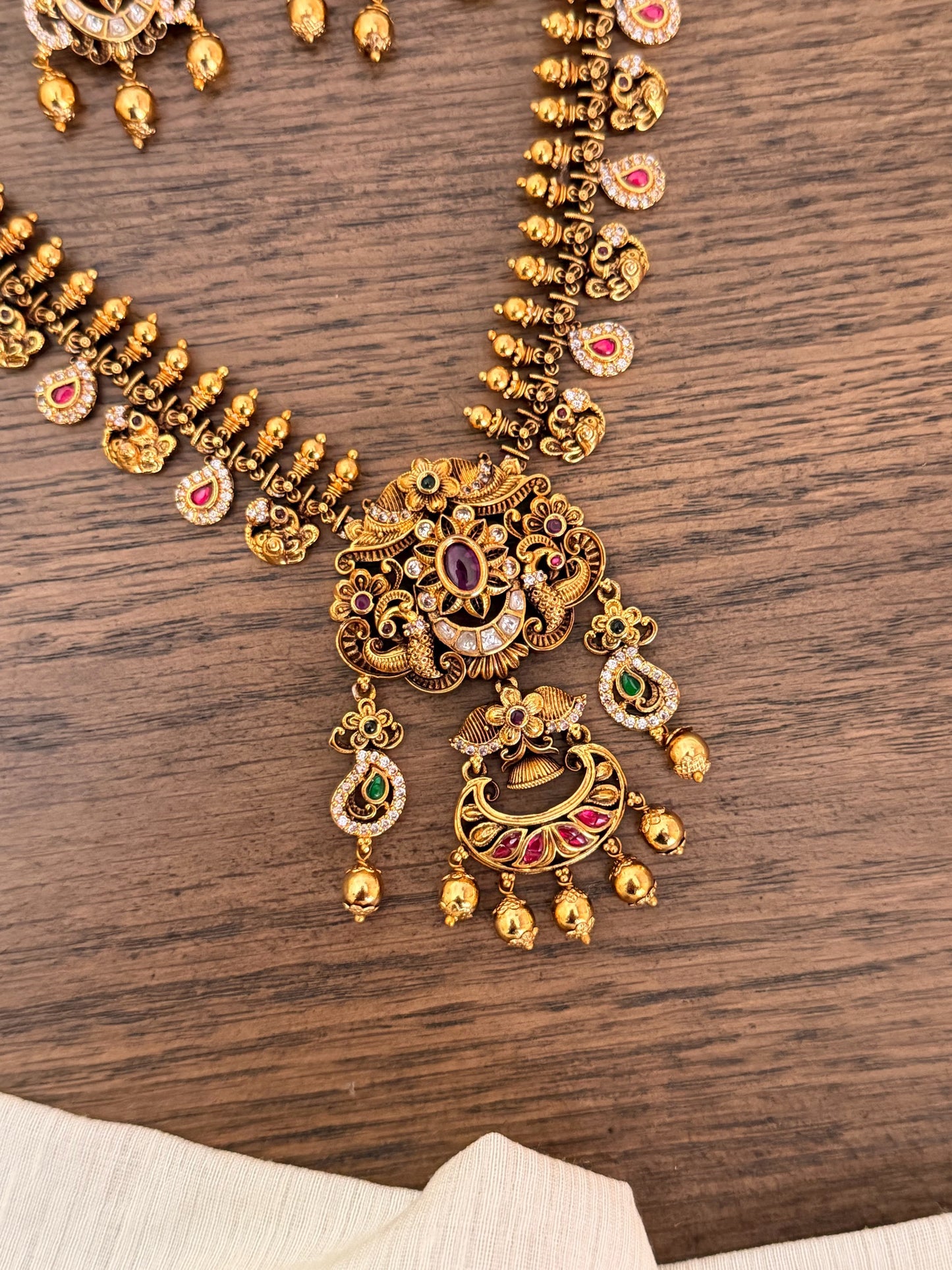 Royal Peacock Nakas Jewelry Set | Handcrafted Antique Gold Floral Necklace with Matching Earrings