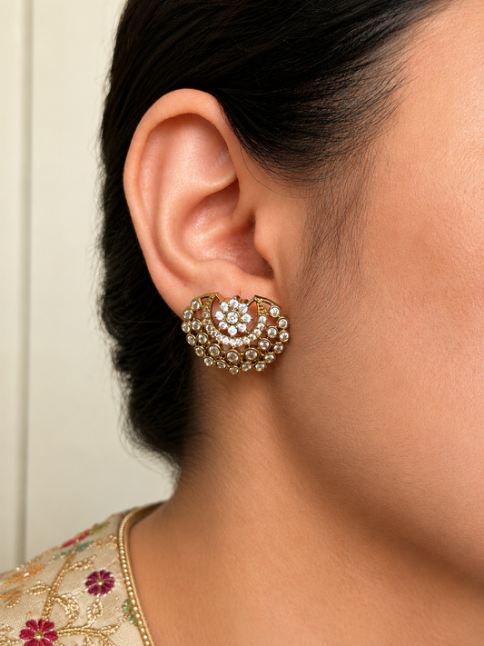 Crescent & Floral CZ Stud Earrings