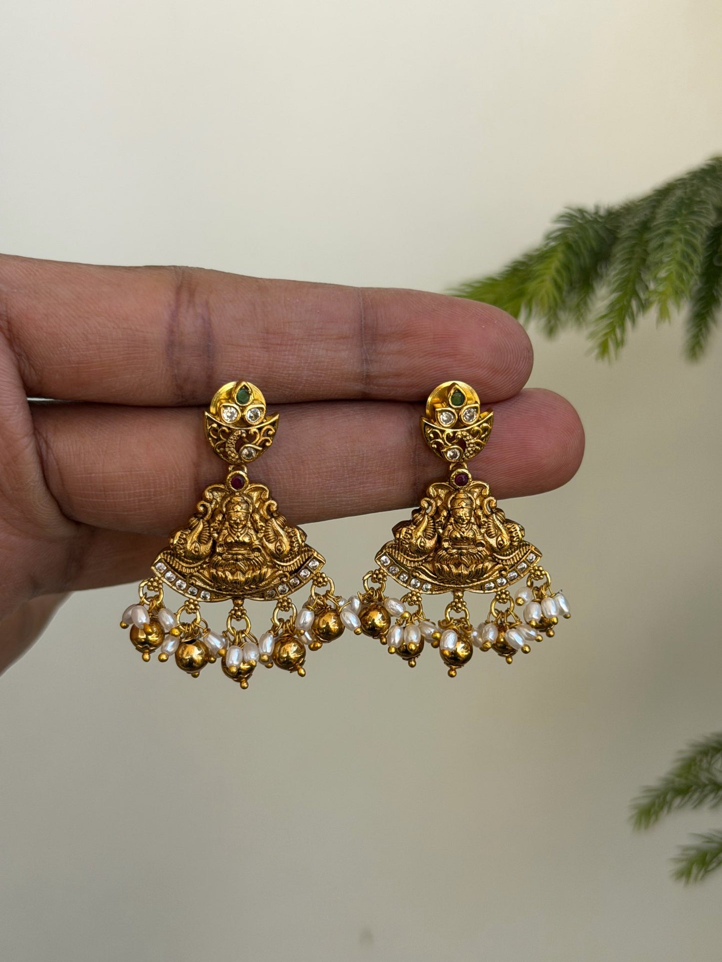 Antique Temple Jewelry Earrings with Goddess Lakshmi Motif | Traditional Ruby and Pearl Drop Earrings