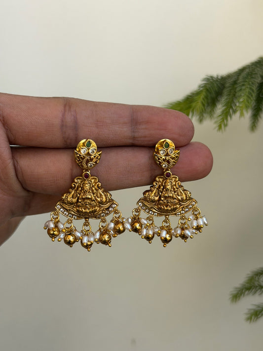 Antique Temple Jewelry Earrings with Goddess Lakshmi Motif | Traditional Ruby and Pearl Drop Earrings