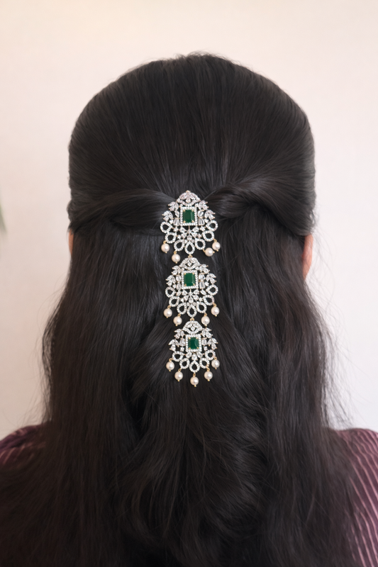 Emerald Green Stone Short Jada with Pearl Drops – Bridal Hair Jewellery