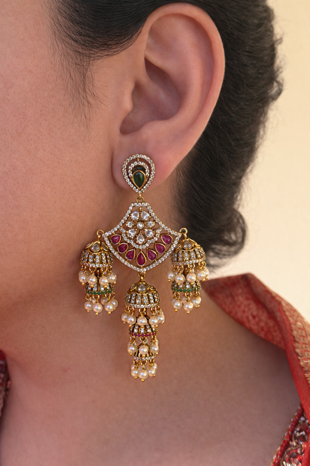 Grand Multi-Jhumka Chandelier Earrings with Rubies & Emeralds