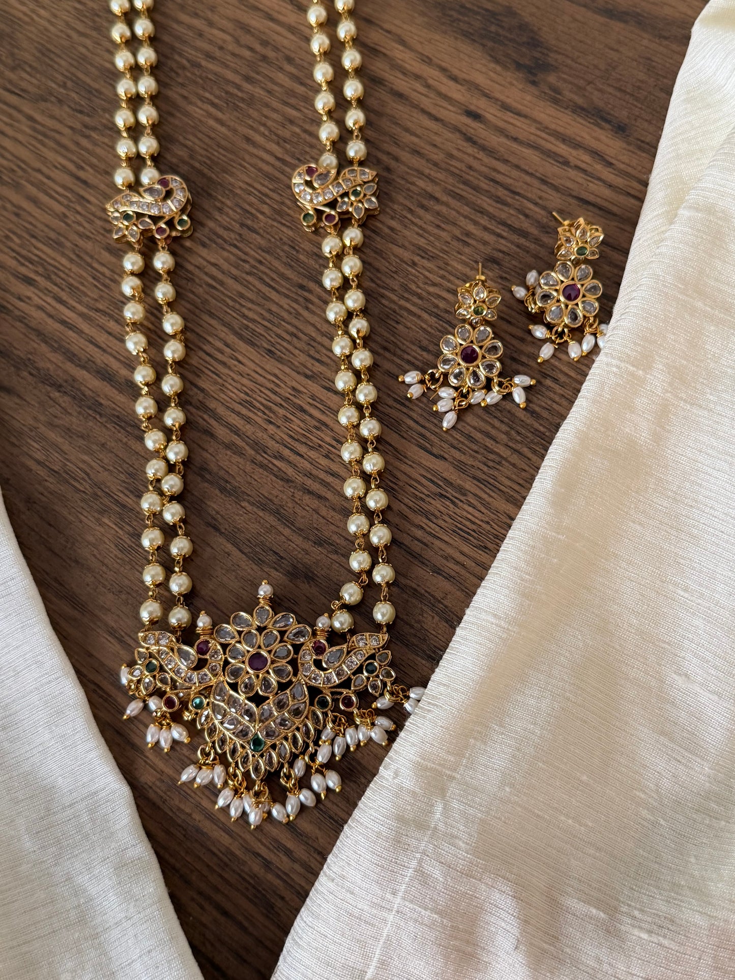 Traditional Kemp and Pearl Long Haram Necklace Set
