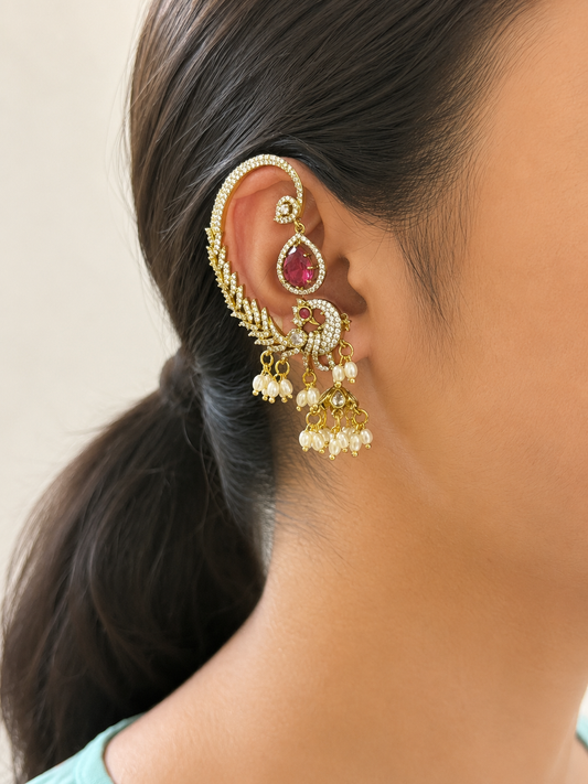 Luxury Peacock Earcuff Earrings with Premium Finish AD Stones