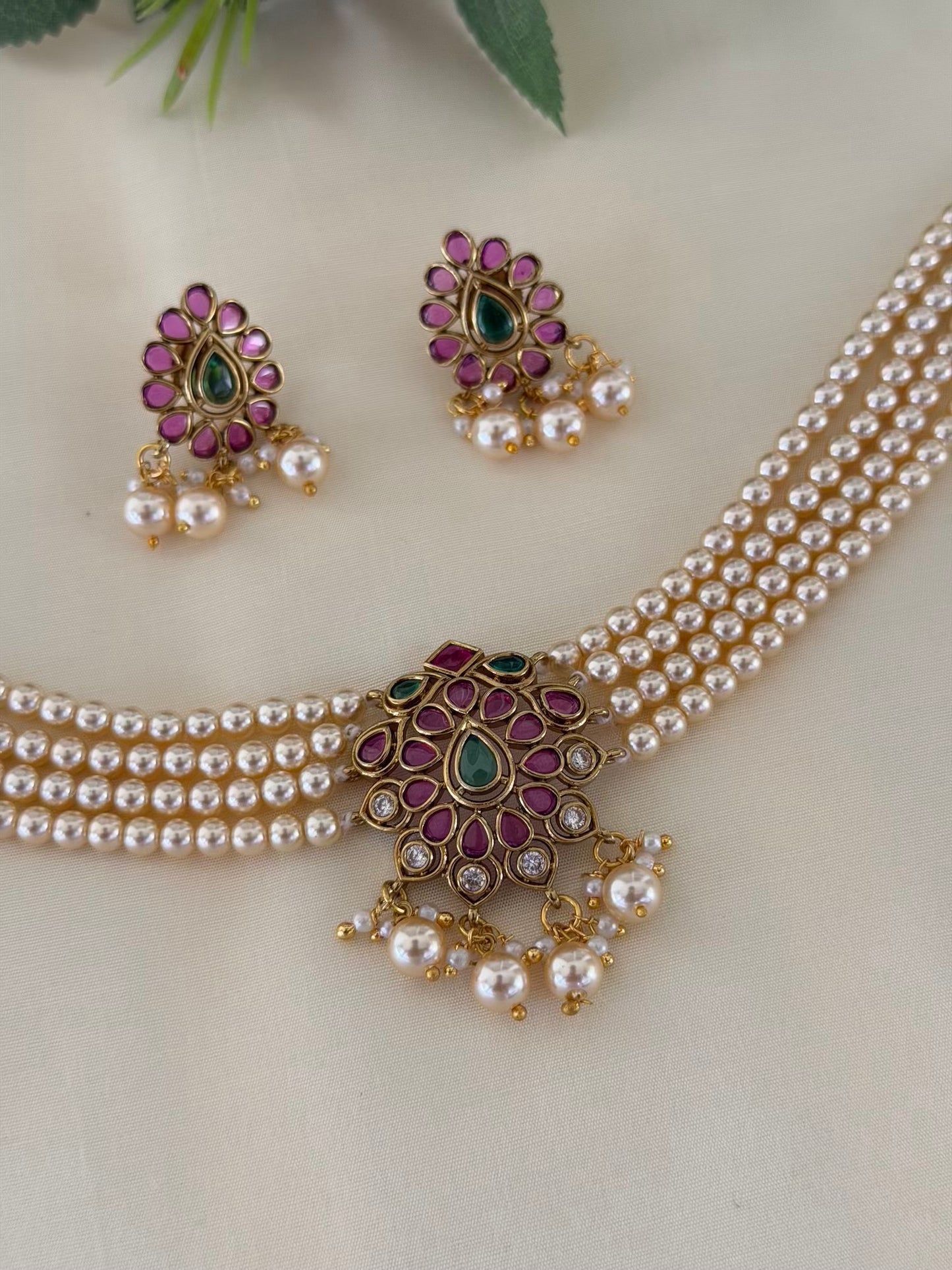 Triple Strand Pearl Floral Necklace Set with Matching Earrings