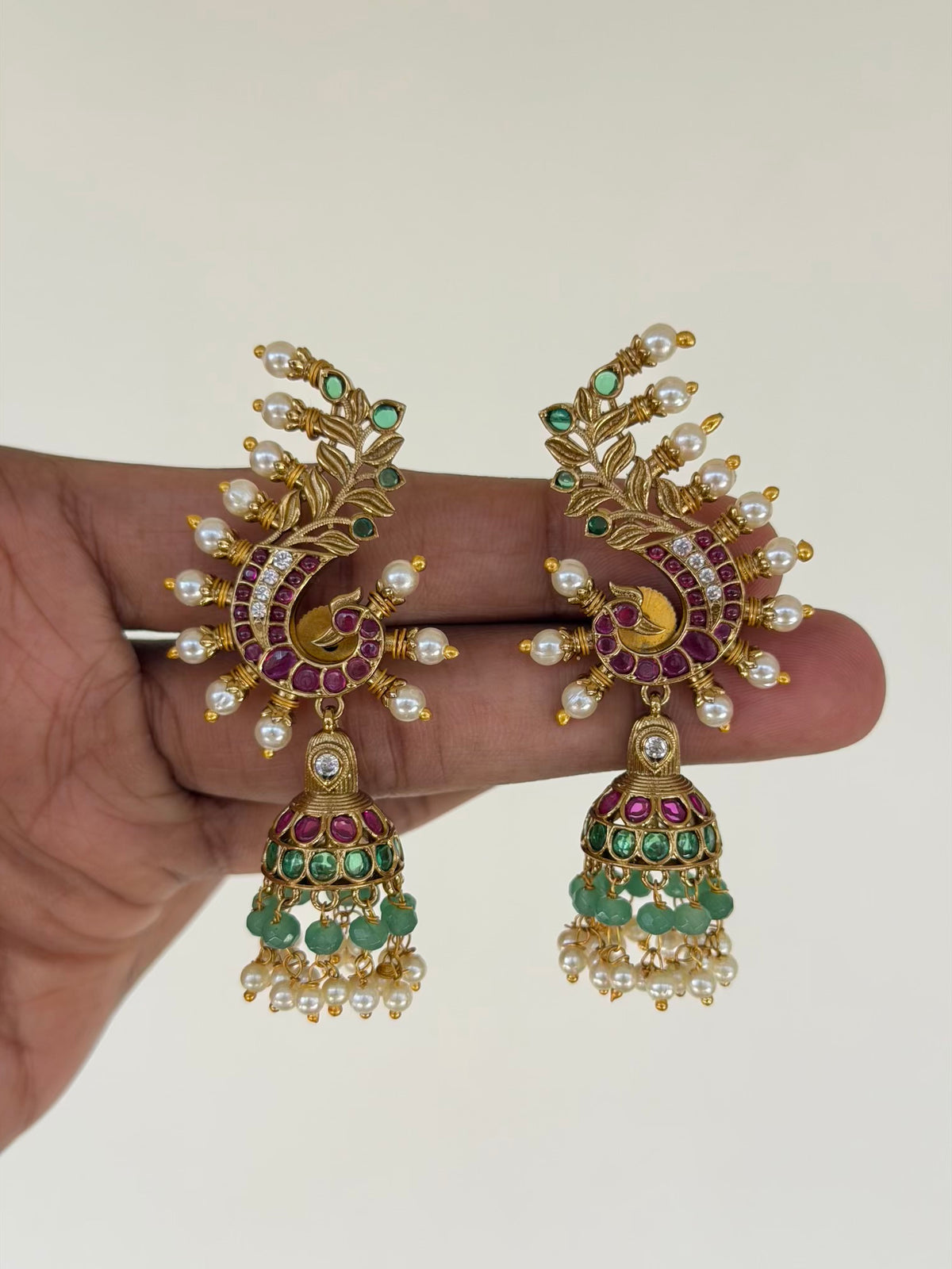 Peacock Ear Cuff Style Jhumka Earrings with Pearl Feathers and Jade Beads