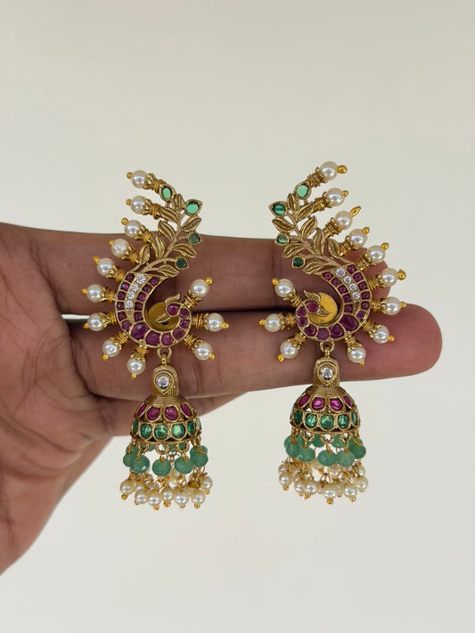 Peacock Ear Cuff Style Jhumka Earrings with Pearl Feathers and Jade Beads