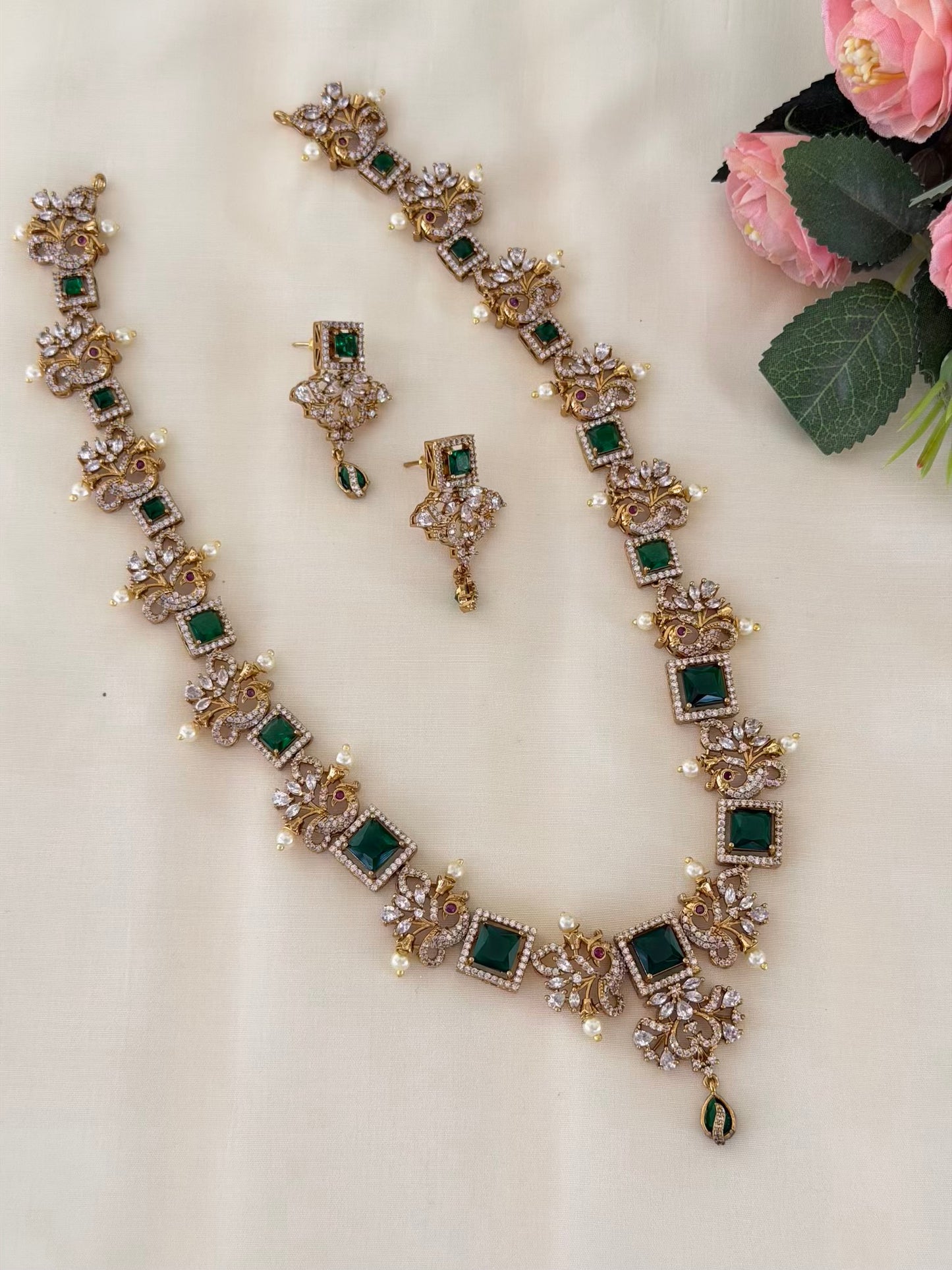Emerald Green CZ Floral Peacock Haram Set