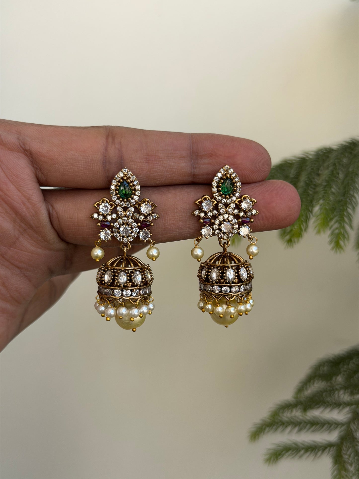 Designer Green & Ruby Stone Victorian Jhumka Earrings