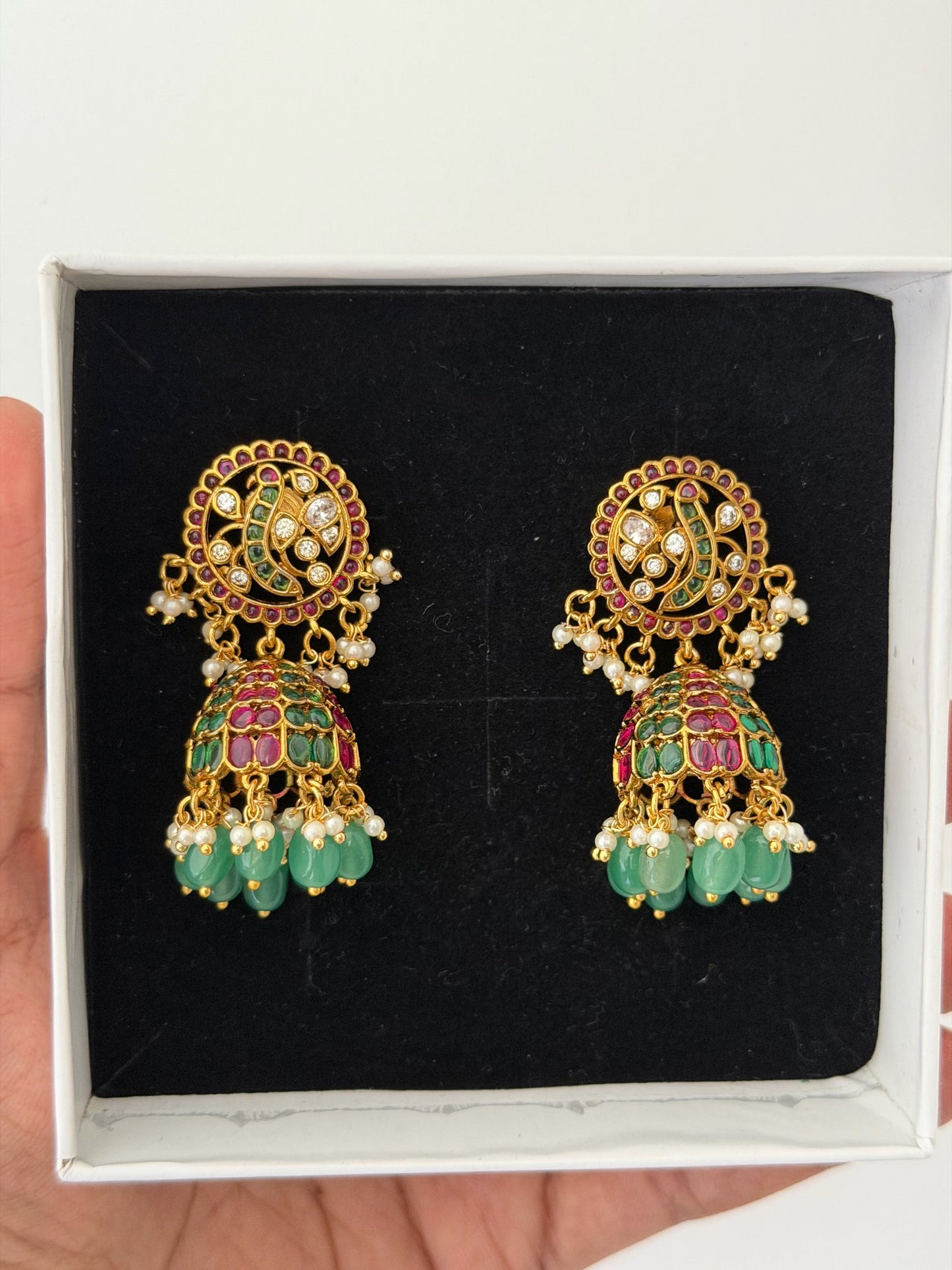 Luxury Peacock Motif Kemp Jhumka Earrings