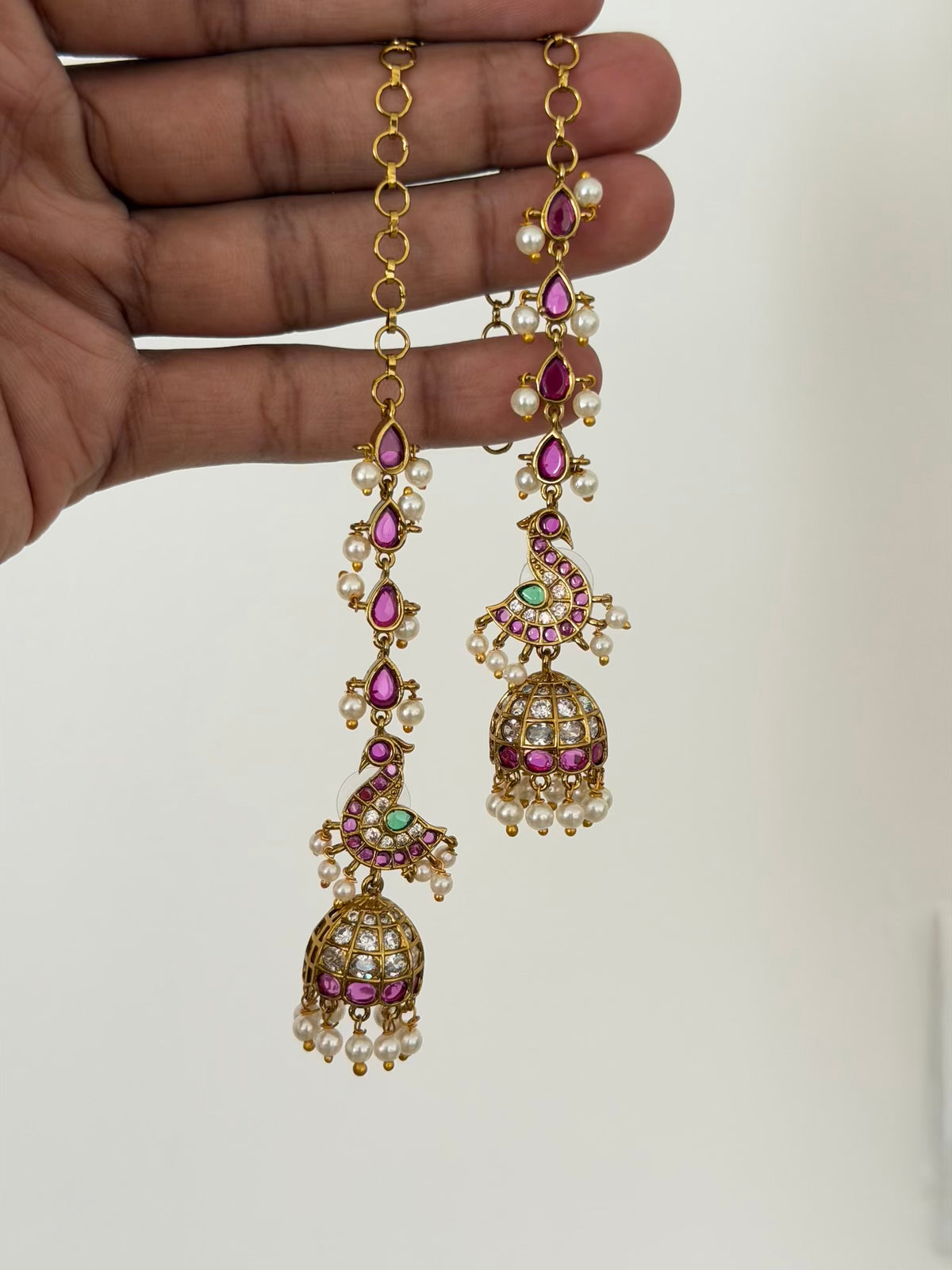 Peacock Jhumka Earrings with Kemp Ear Chain and Pearl Drops