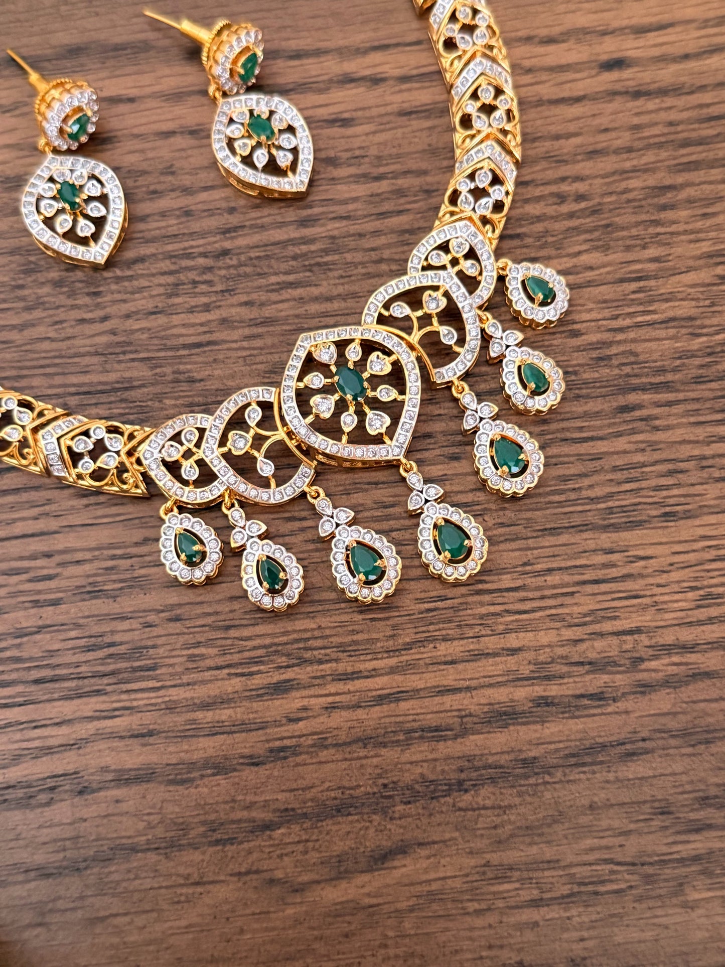 Gold-Finish Emerald Drop Necklace Set with Intricate CZ Filigree