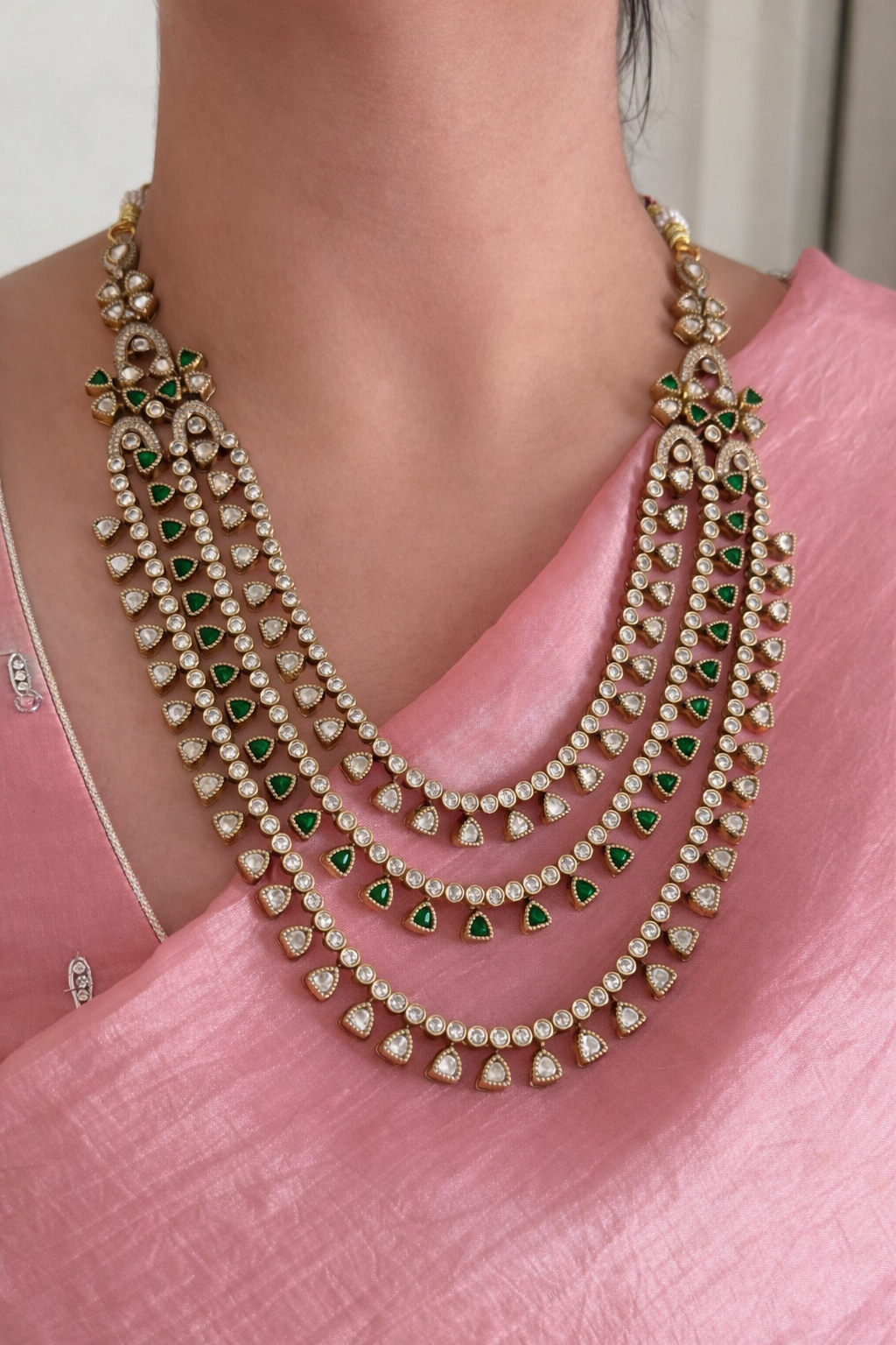 Victorian Moissanite Style Triple Layer AD Necklace Set with Emerald Drops