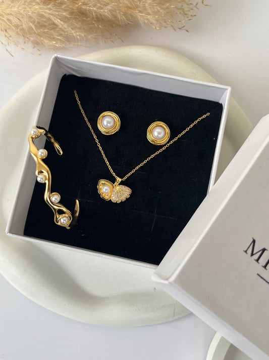 Boho Pearl Rakhi Gift Combo – Maurea Necklace, Pascha Pearl Studs & Maggie Cuff
