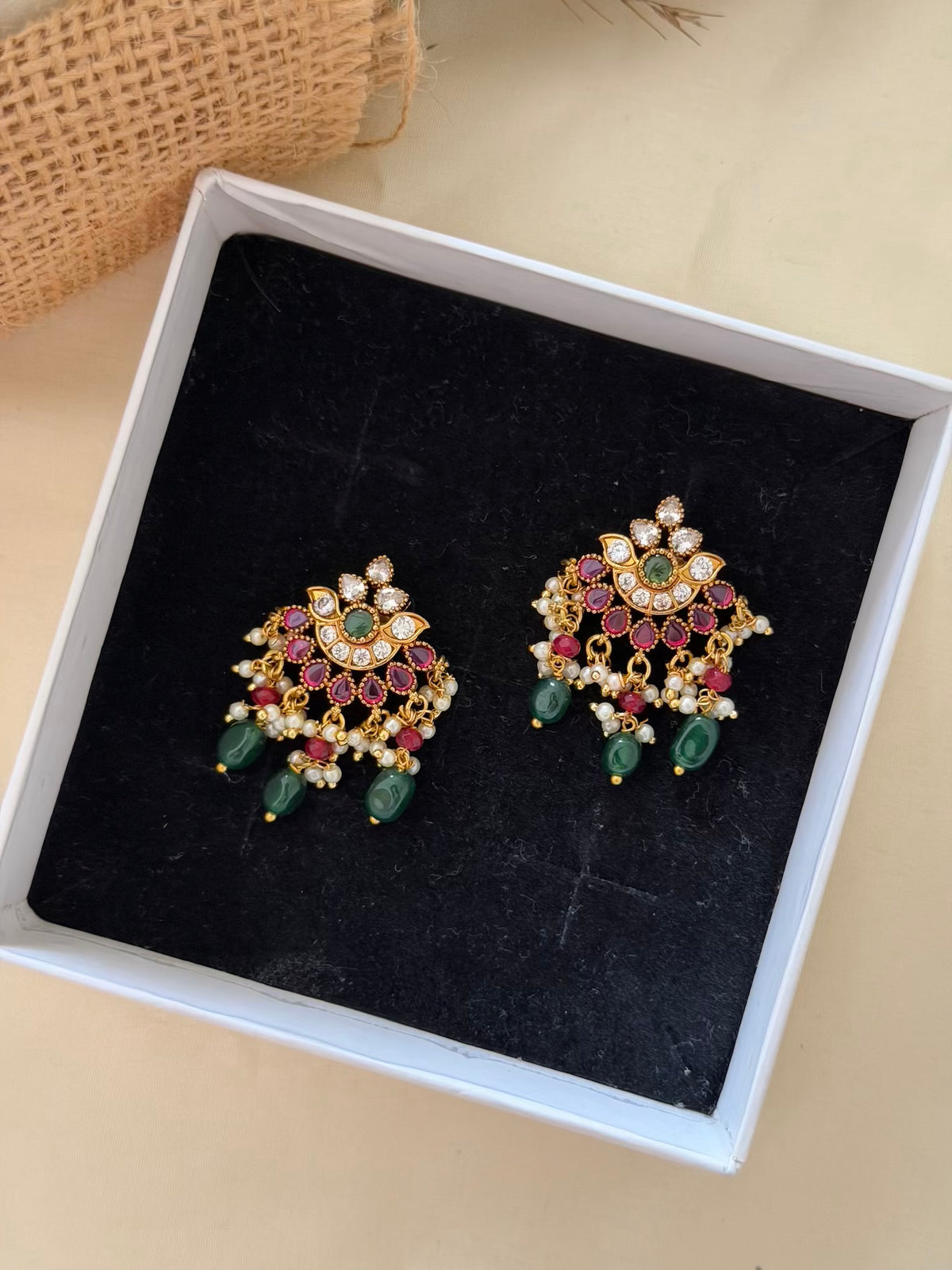 Ruby Lotus Stud Earrings with CZ Crown and Deep Green Bead Drops