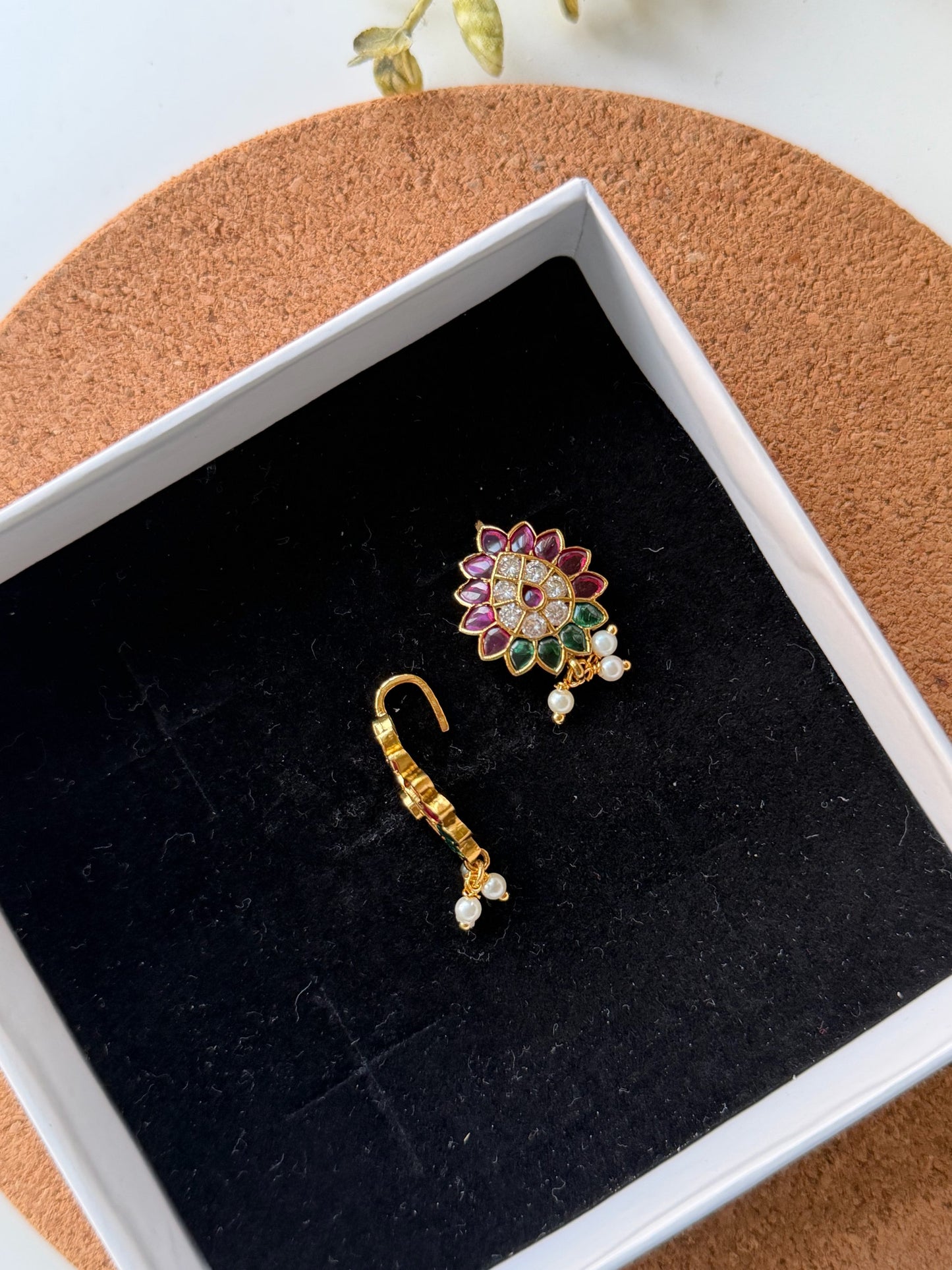 Traditional Kemp Stone Floral Bugadi with Delicate Pearl Drops