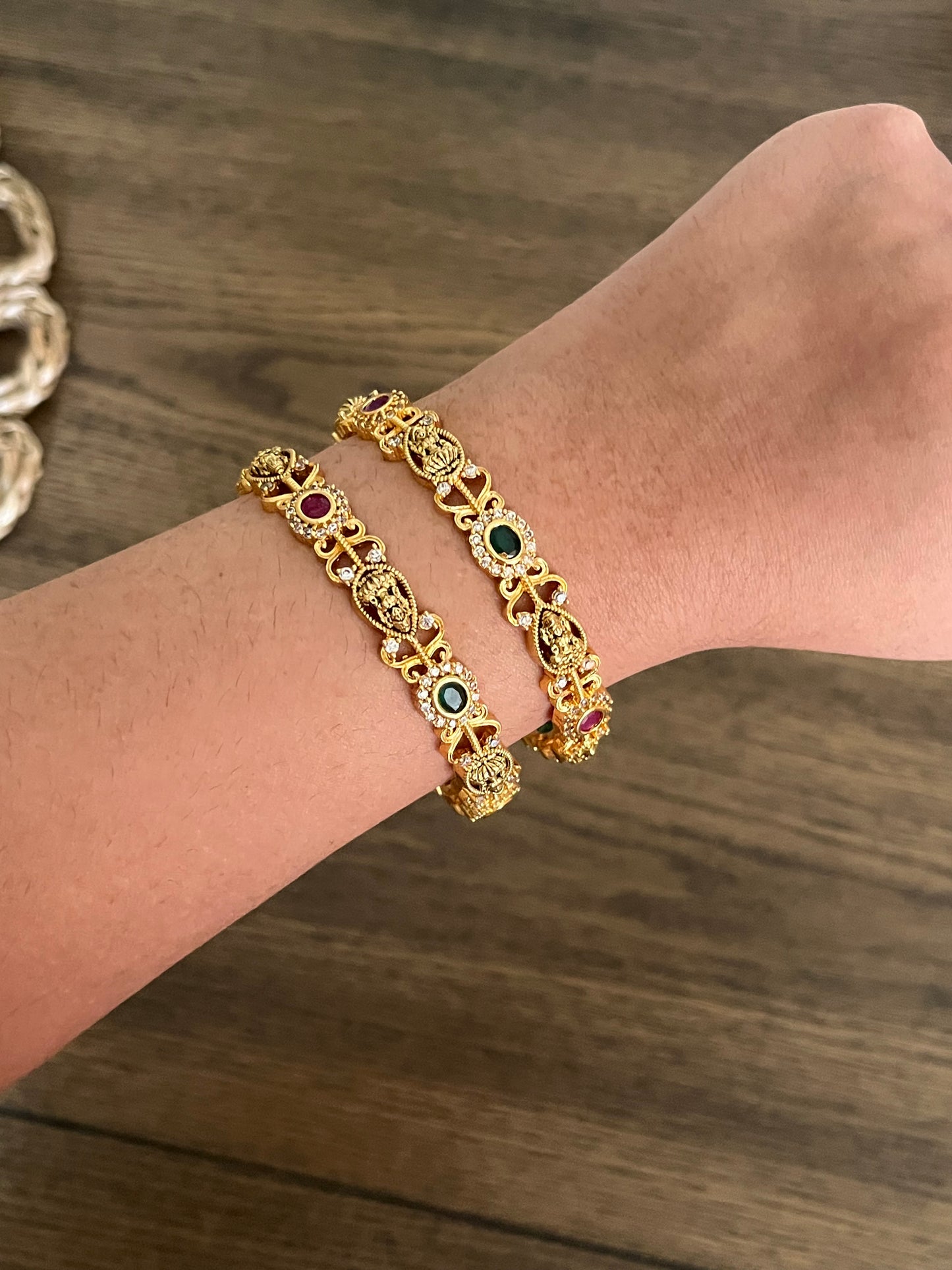Antique Gold-Finish AD Stone Bangles Set | Temple Design