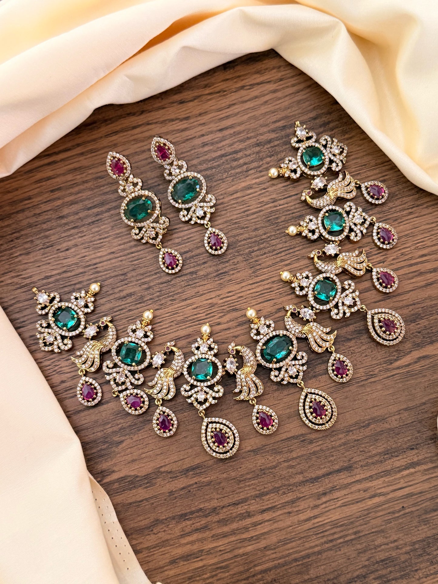 Victorian Peacock Necklace Set with Ocean Blue & Ruby Stones | Premium Plated Bridal & Semi Bridal Jewelry