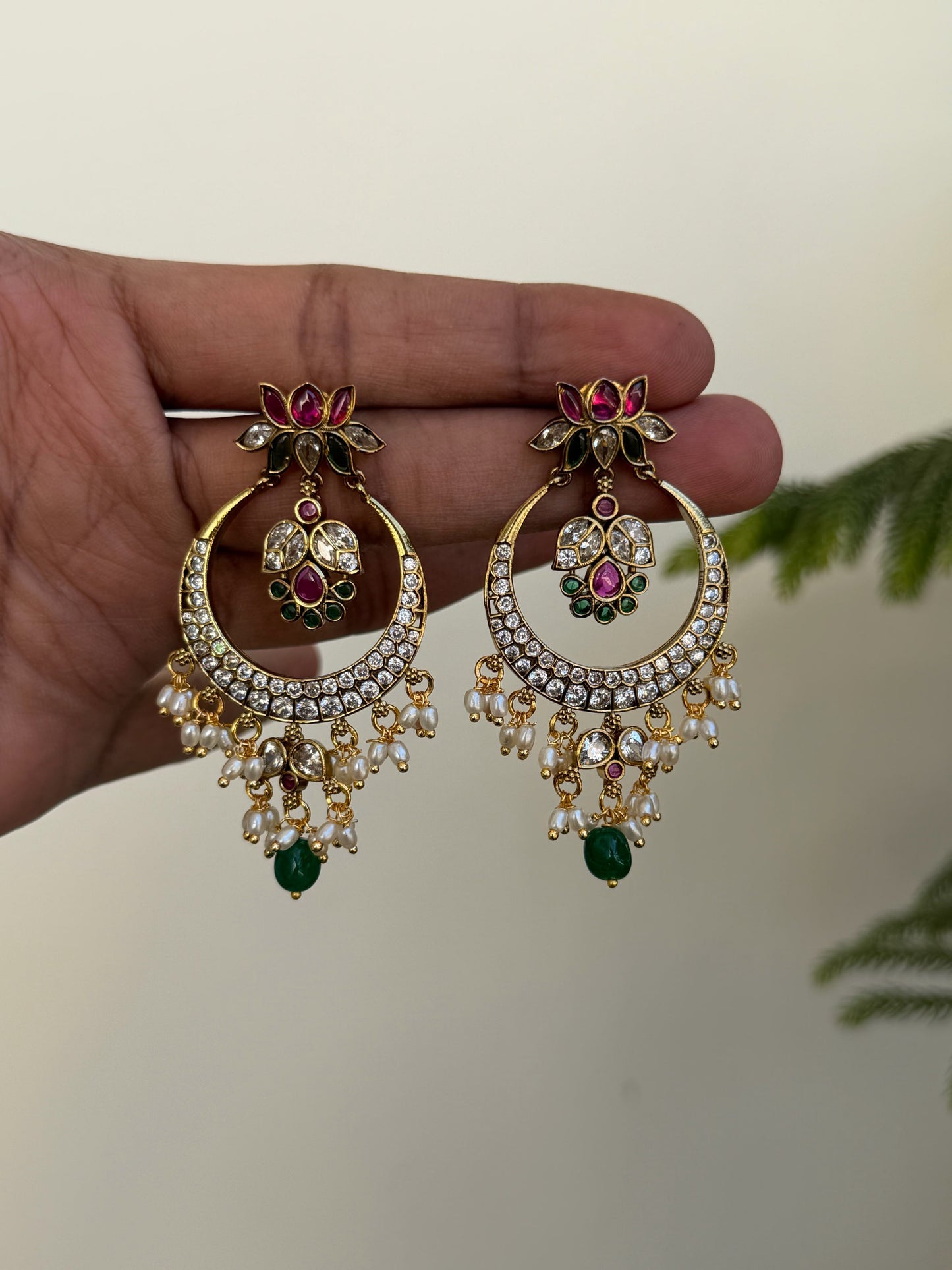 Lotus Chandbali Drop Earrings with Emerald Accents and Pearl Fringe