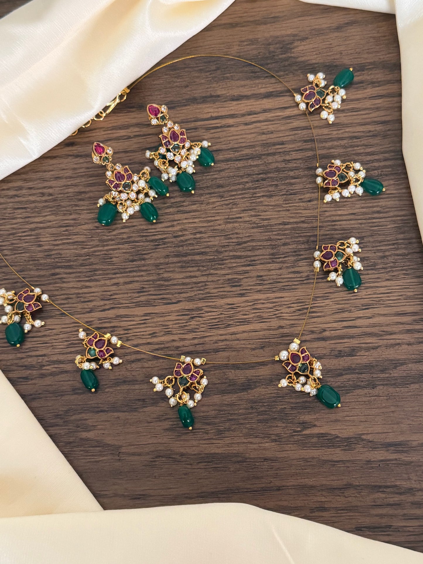 Lotus Motif Ruby & Emerald Invisible Chain Necklace with Pearl Drops