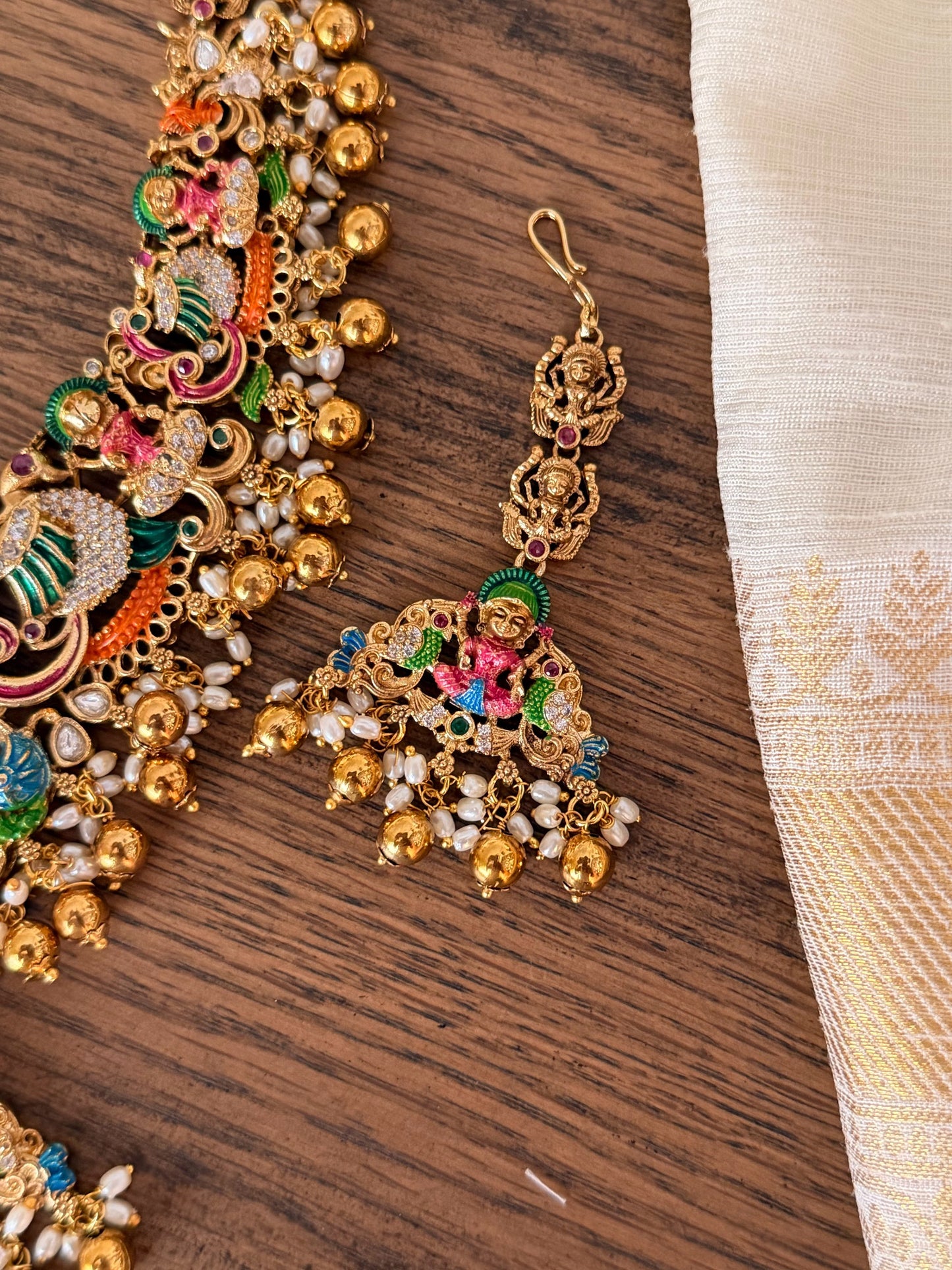 Hand painted Nakshi Temple Jewellery Set with Antique Gold Finish