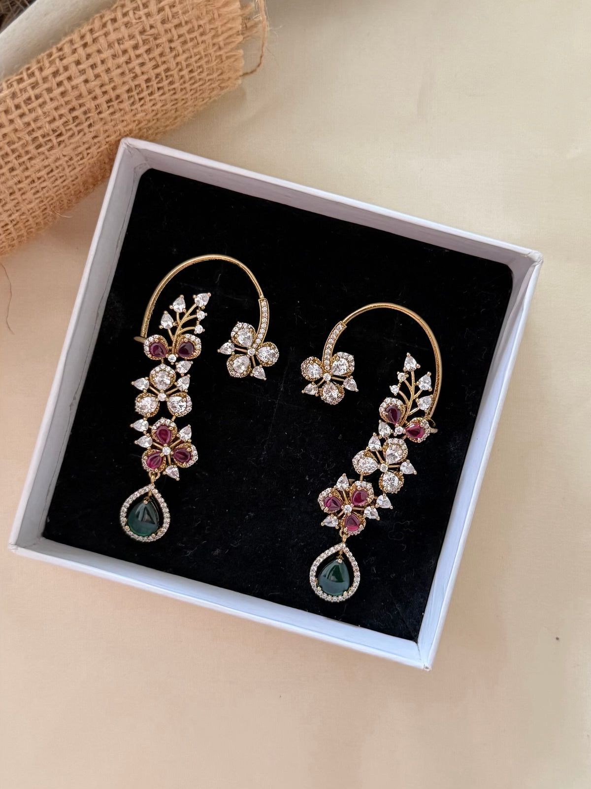 Floral Vine Ear Cuff Earrings with CZ Stones and Teardrop Drop