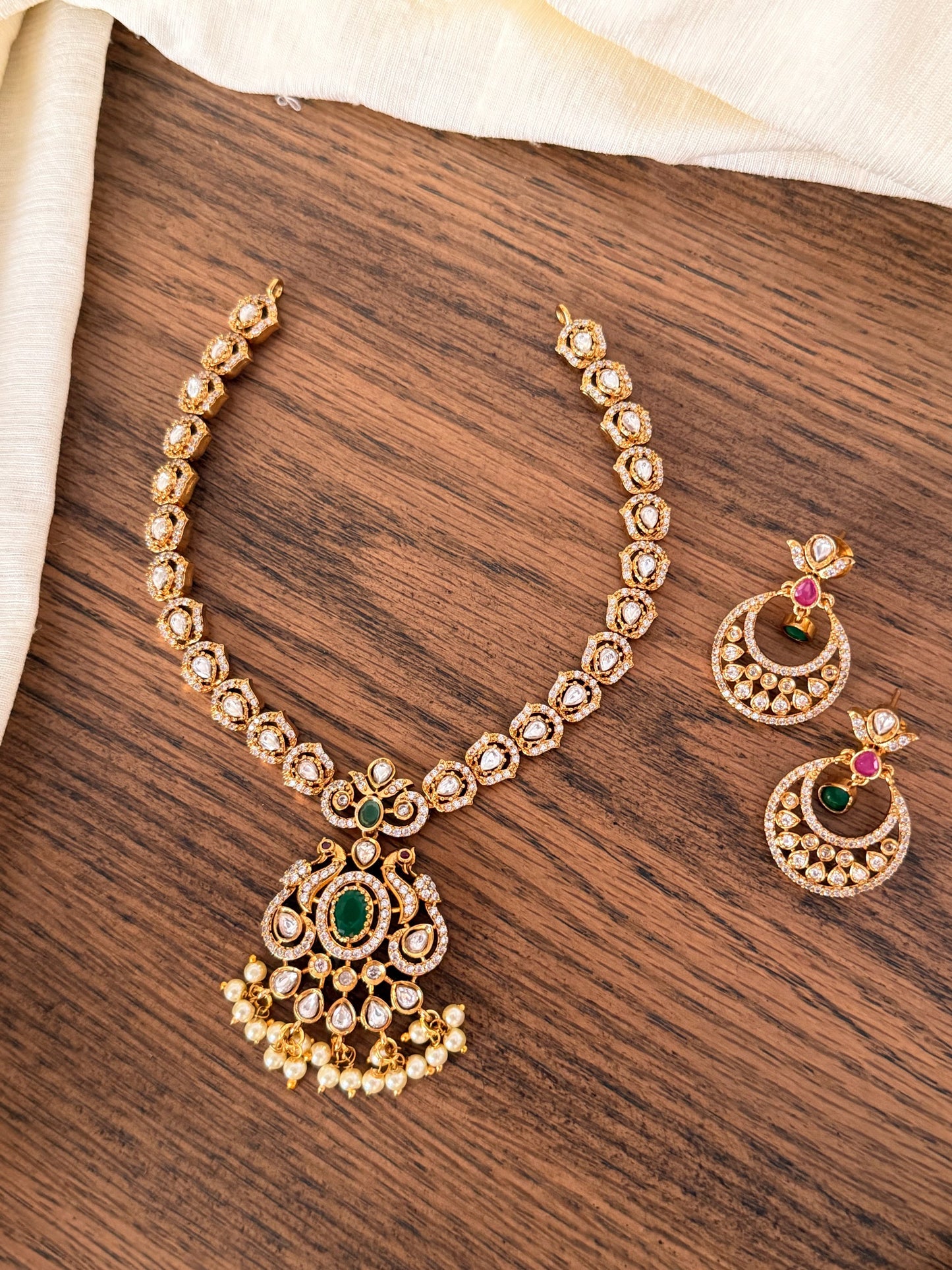 Victorian Peacock Necklace Set with Kundan Stones & Pearl Drops