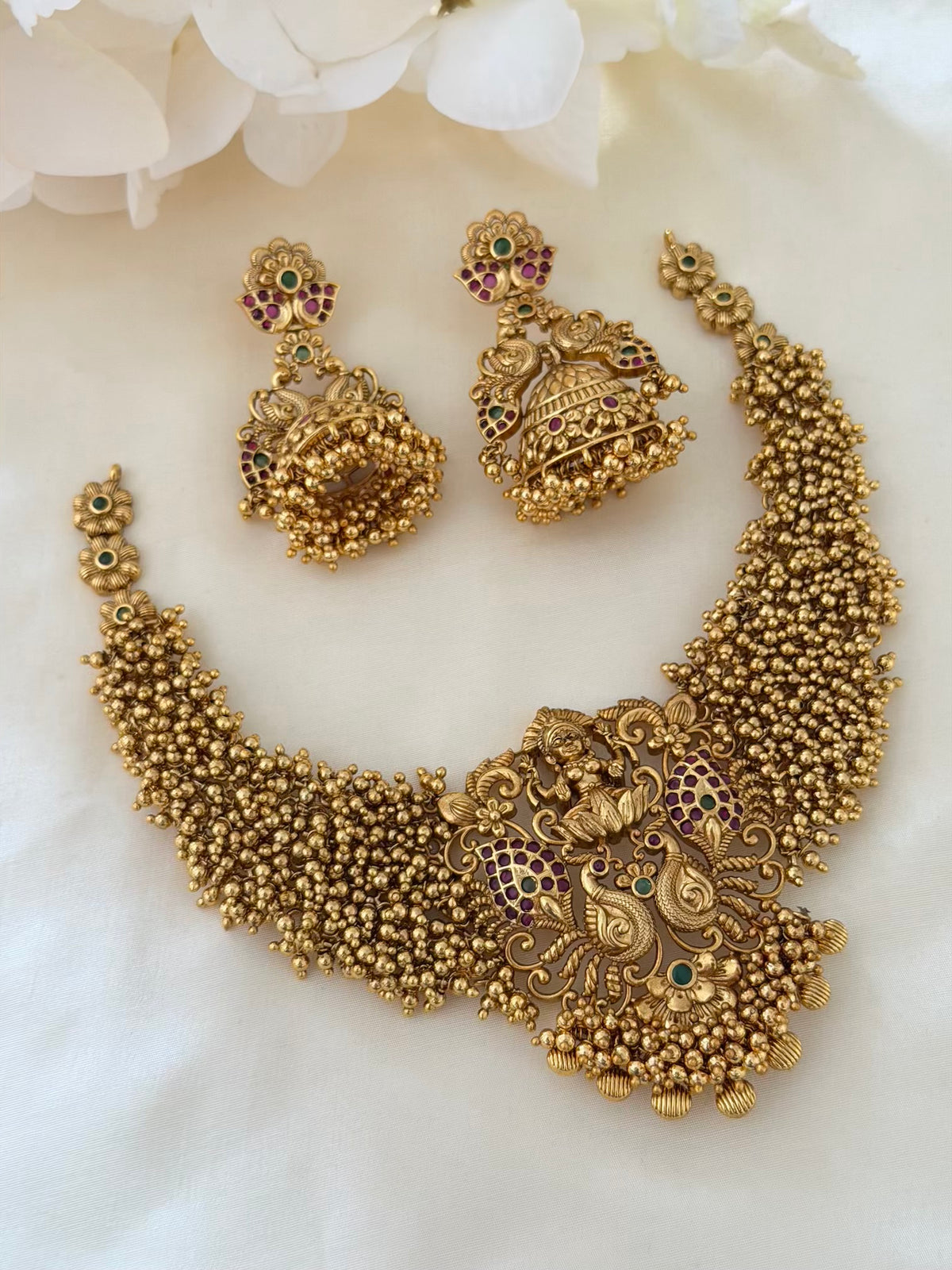 Nakshi Gold Bead Cluster Choker Set with Lakshmi Peacock Pendant and Jhumka Earrings