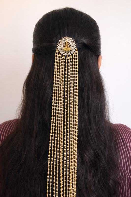 Temple Style Pearl Jada with Green Drops – Bridal Hair Jewellery