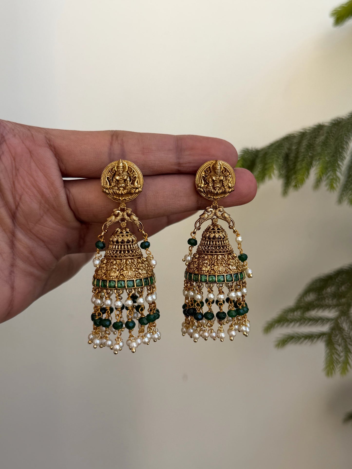 Antique Gold Lakshmi Temple Jhumka Earrings with Emerald Green Beads & Pearls