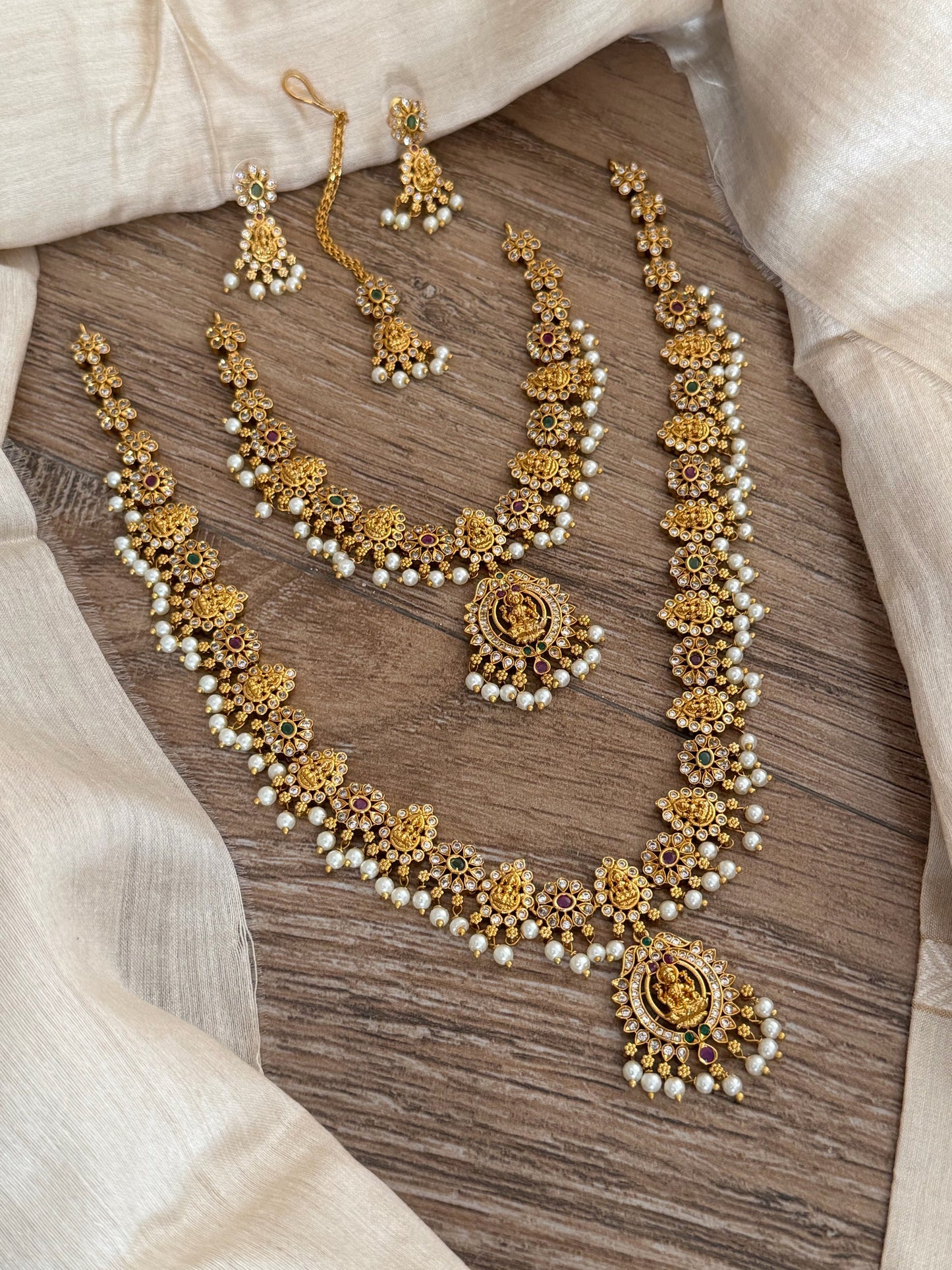 Grand Bridal Temple Jewelry Set with Long Haram & Maang Tikka