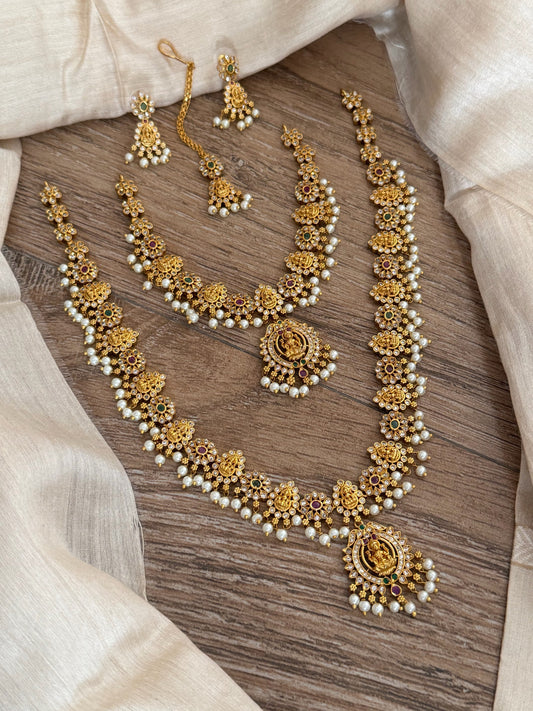 Grand Bridal Temple Jewelry Set with Long Haram & Maang Tikka