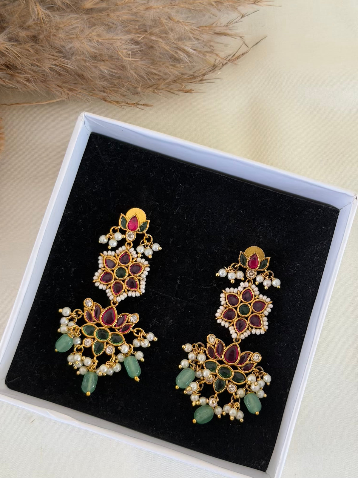 Ruby Emerald Floral Tiered Dangler Earrings with Bead Drops
