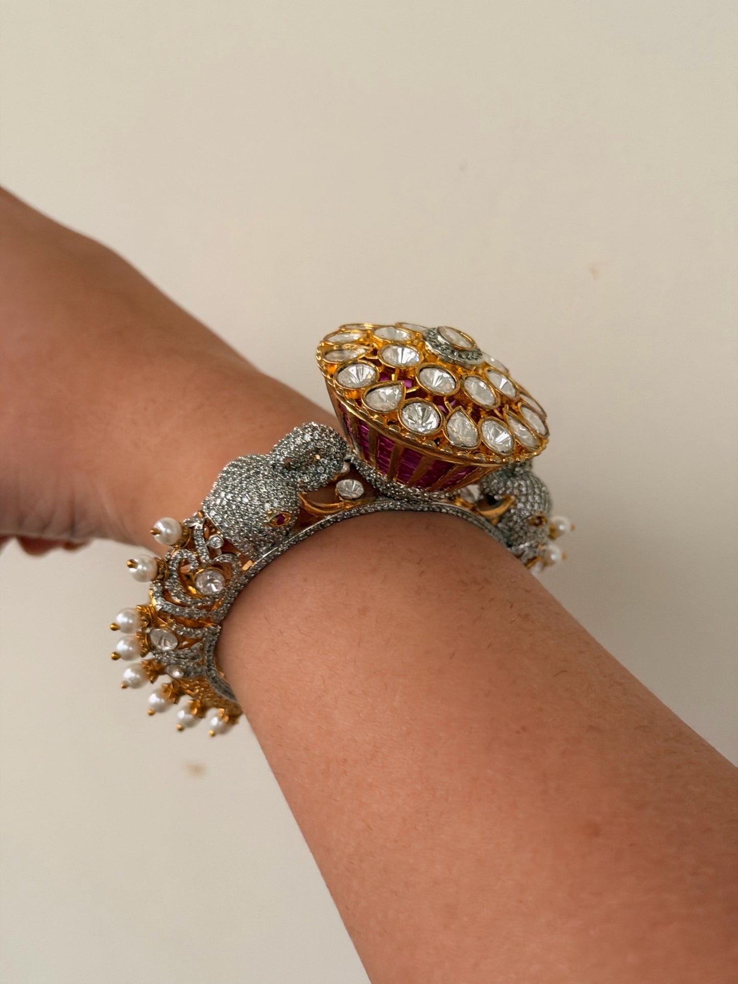 Elephant Motif Foil Back Kundan Kada with Pearl Drops