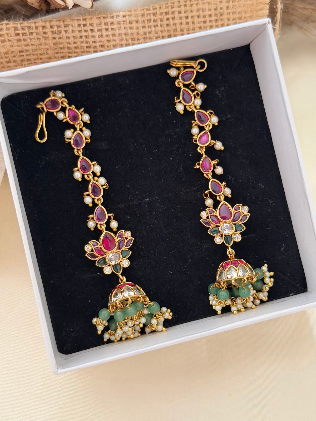 Lotus Jhumka Earrings with Long Ruby Teardrop Maatal and Mint Green Bead Drops