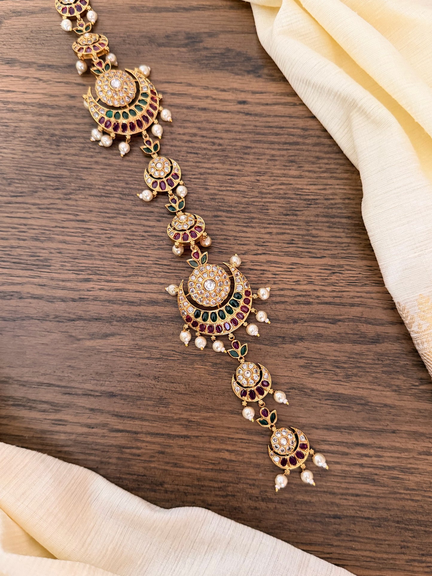 Traditional Gold-Look Long Jada with Pearl Drops & Temple Design | Bridal Hair Jewellery | MIJ Jewels