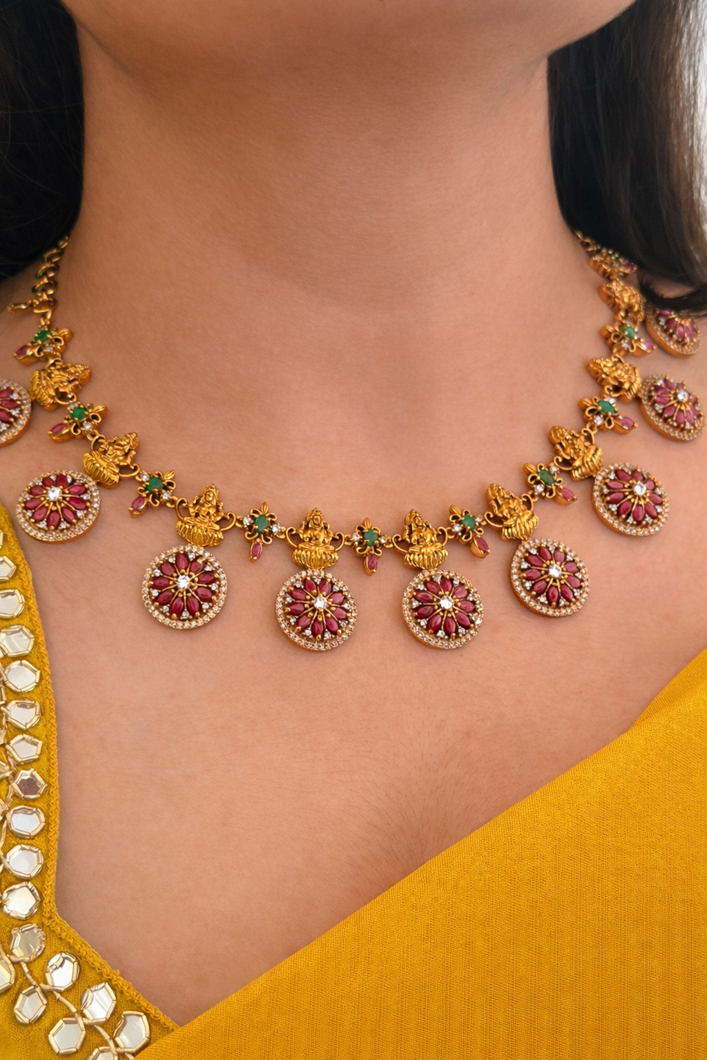 Antique Gold-Plated Lakshmi Temple Jewellery Set with Ruby Floral Medallions