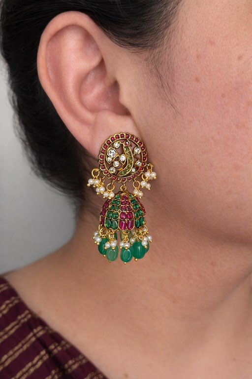 Luxury Peacock Motif Kemp Jhumka Earrings