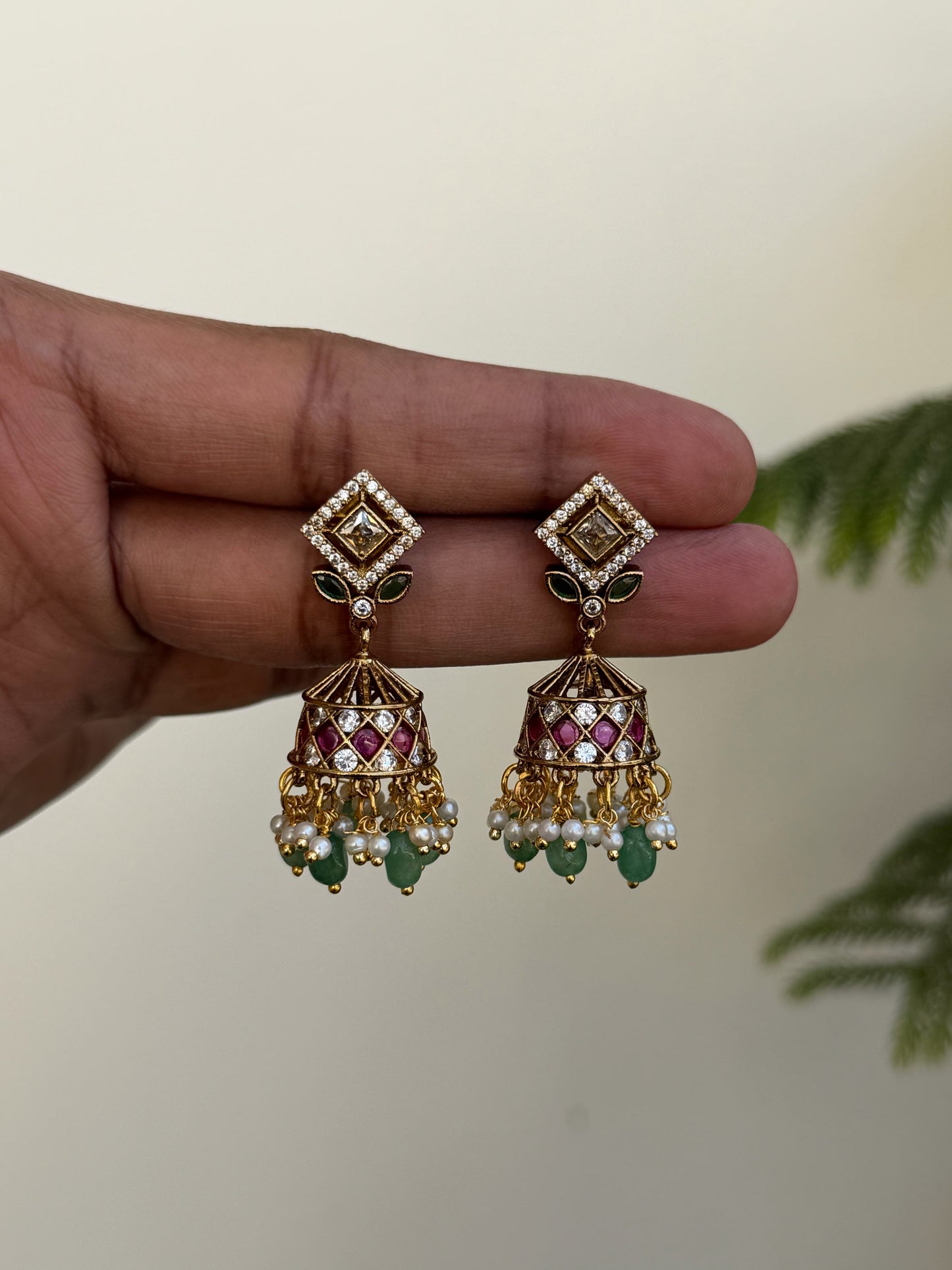 Traditional Beautiful Jhumka Earrings with Ruby & Emerald Accents