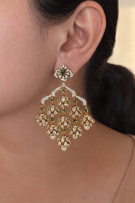 Grand Polki Style AD Chandelier Earrings with Emerald & Pearl Drops