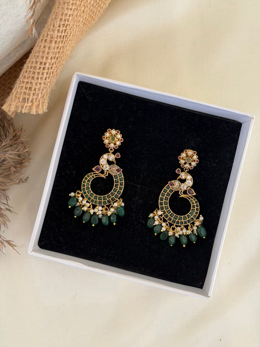 Emerald Kemp Peacock Chaandbali Earrings with Green Bead Drops