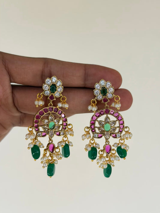 Lotus Arch Ruby Emerald Chaandbali Earrings with Green Bead Drops