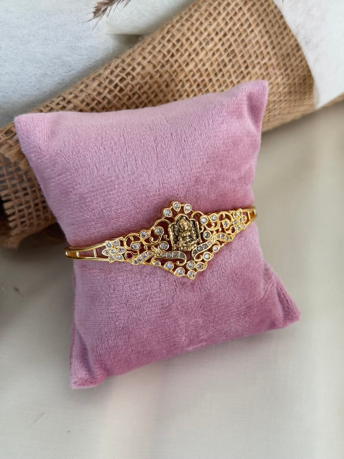 Lakshmi Floral Scroll Openable Kada Bracelet with Ruby Accents and Zircons