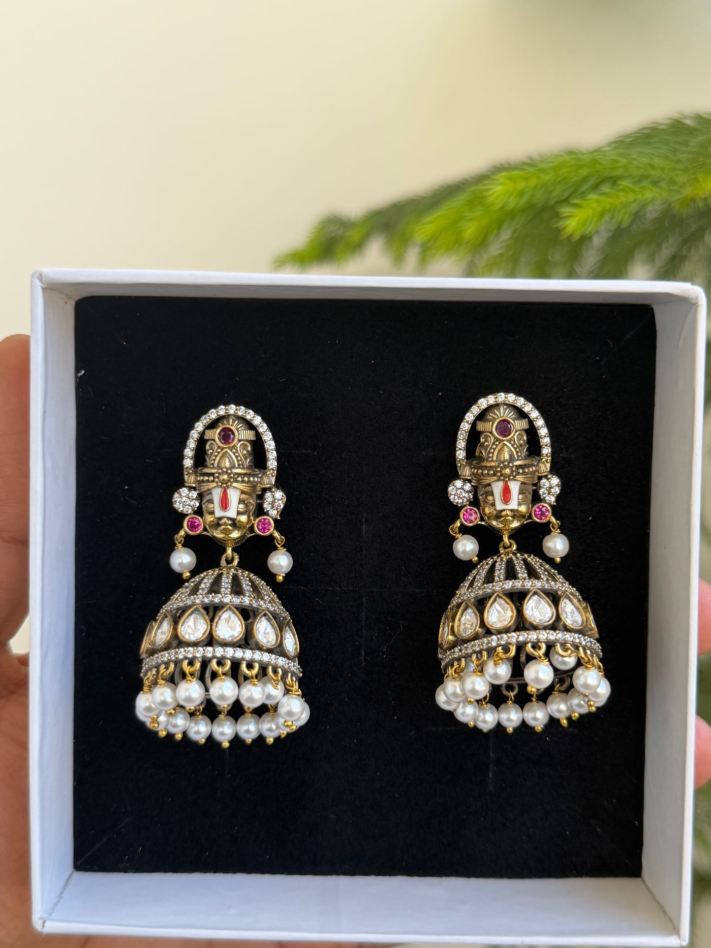 Moissonite Victorian Balaji Jhumka Earrings with Pearls