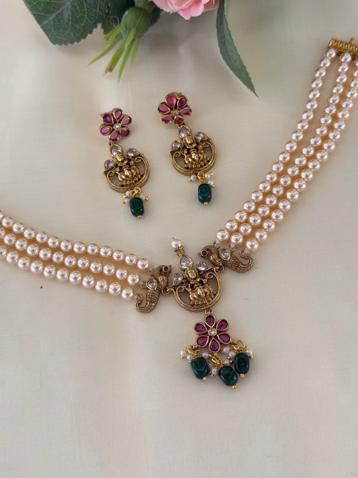 Triple Strand Pearl Peacock Lakshmi Necklace Set with Matching Earrings