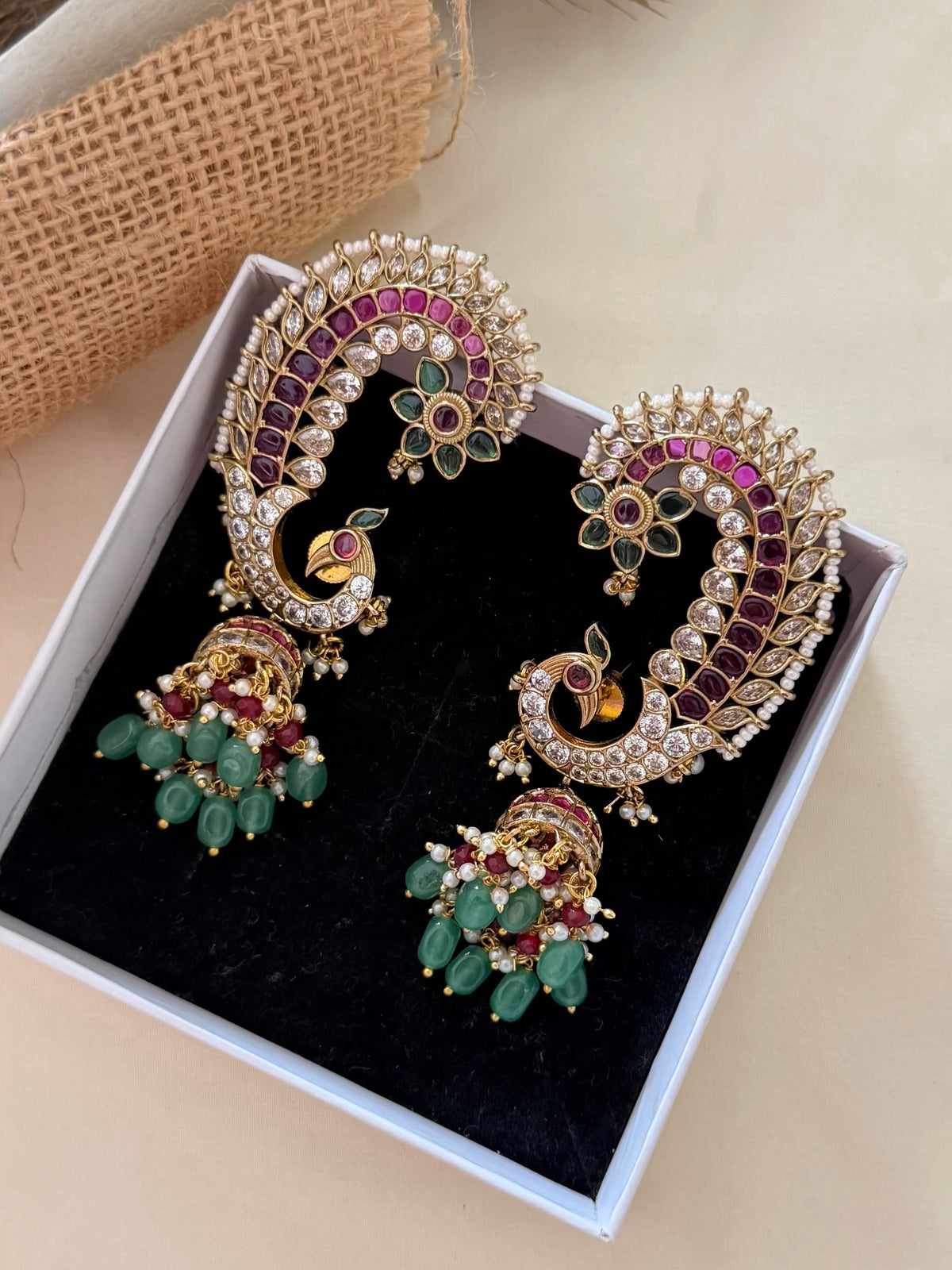 Peacock Paisley Statement Earrings with Ruby, Emerald and CZ Stones and Jhumka Drop