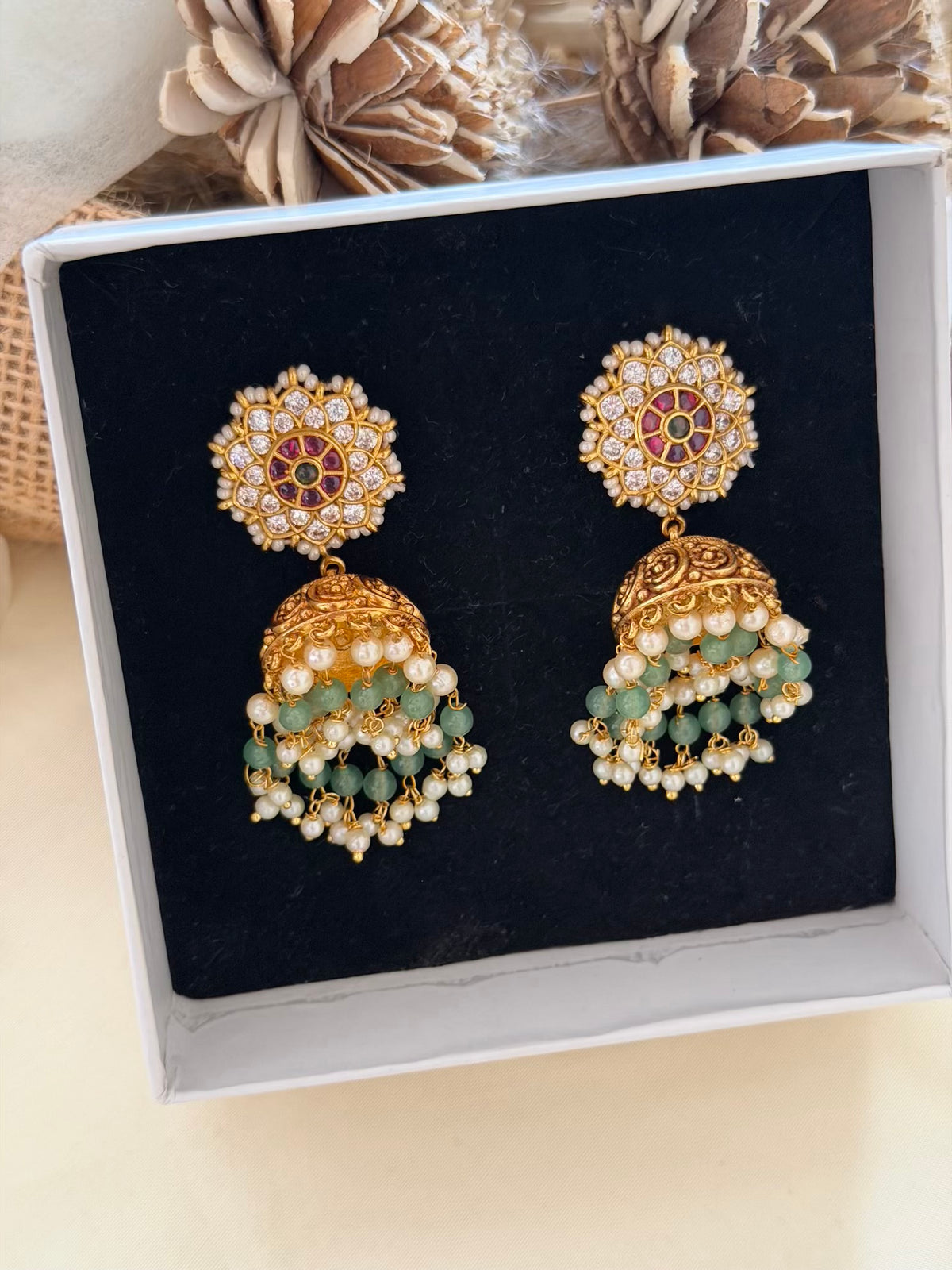 Lotus Stud Jhumka Earrings with Ruby Centre and CZ Petals and Mint Green Bead Drops