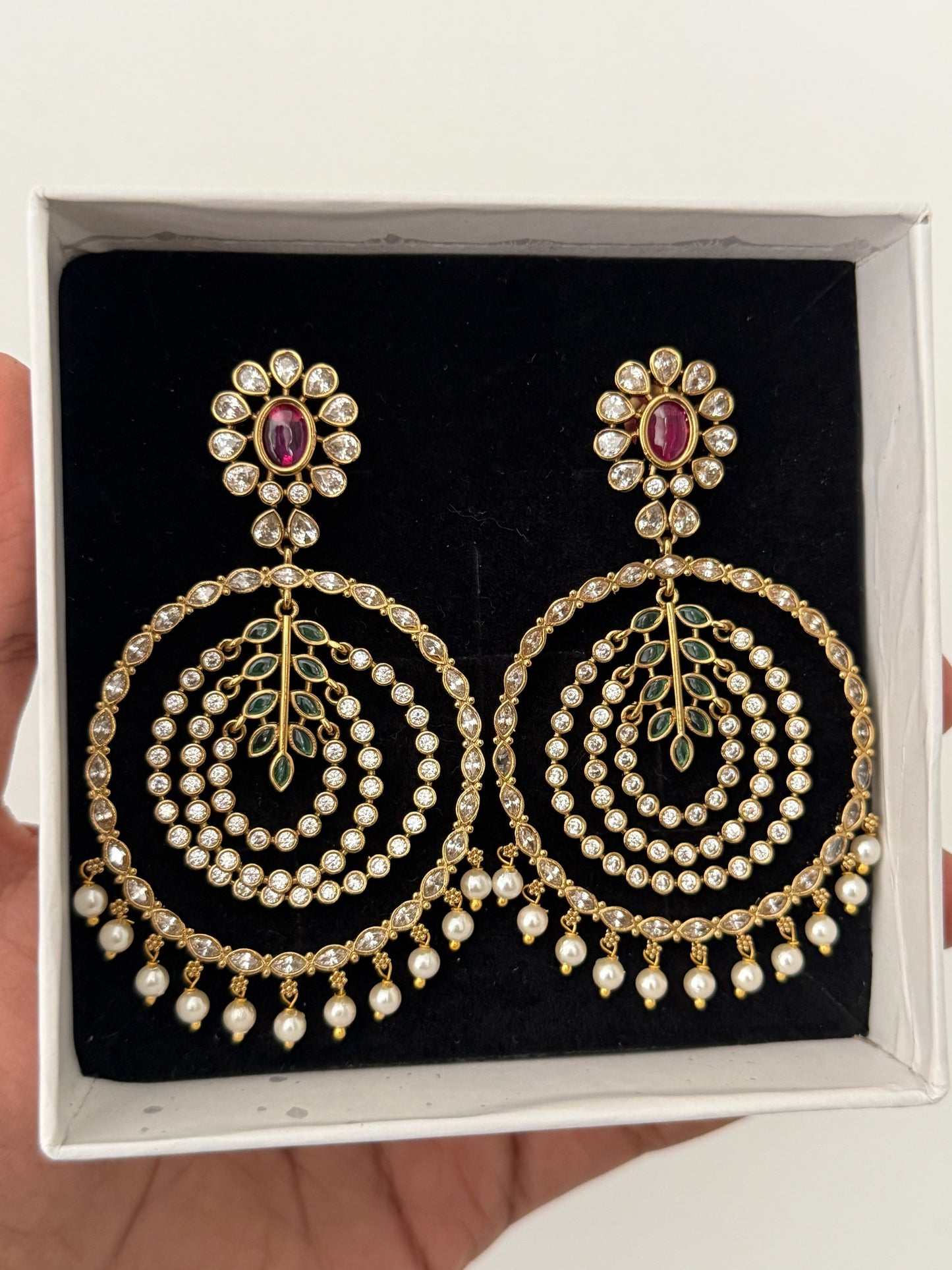Handcrafted Floral Chandbali Hoops – Premium Lightweight Statement Earrings with Ruby & Emerald Accents