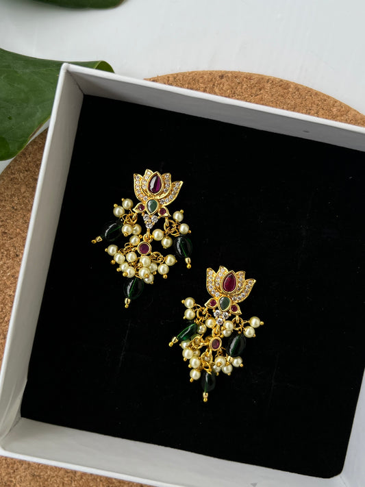 Lotus Hangings Earrings with pearls and green beads