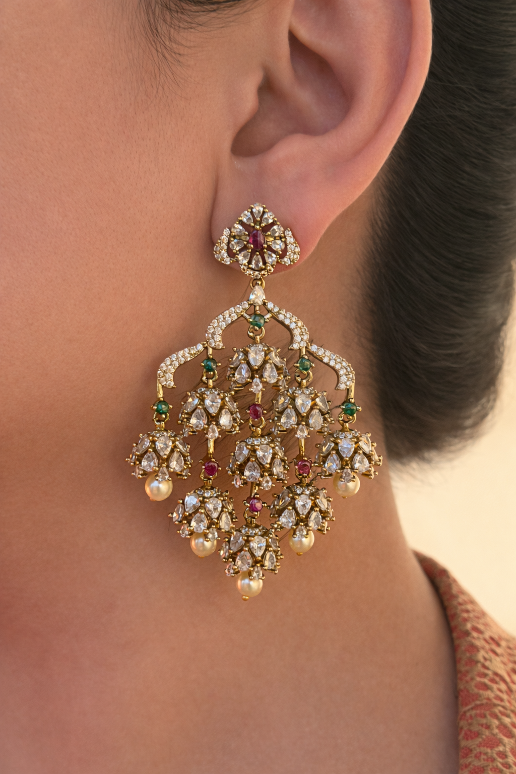 Grand Polki Style AD Chandelier Earrings with Emerald & Pearl Drops